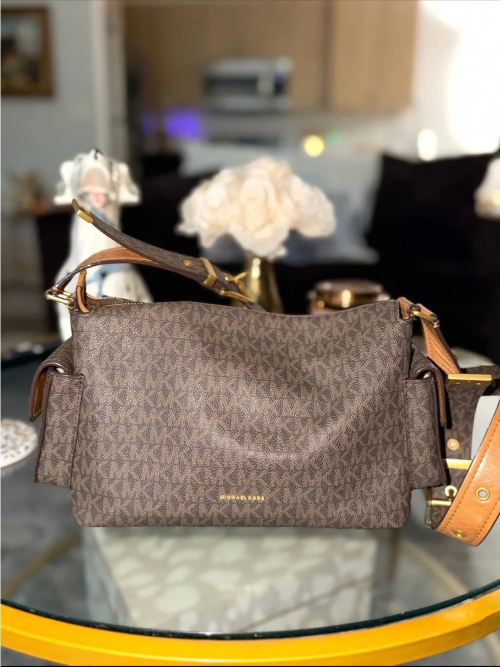 Michael Kors Brown Signature MK Logo Multi-Pocket Crossbody